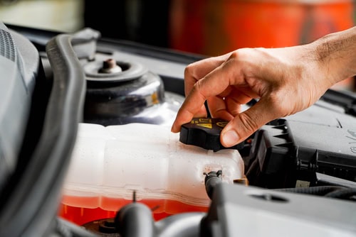 Fluid services in Waupaca, WI at Little Wolf Automotive. Image of a mechanic inspecting the expansion tank with pink antifreeze. This ensures proper vehicle coolant levels in the car's radiator system.