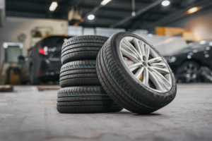 tire replacement vs repair, auto repair in Little Wolf Automotive at Antigo, WI. Stack of new high-performance tires in an auto repair shop, ready for installation on a luxury vehicle.